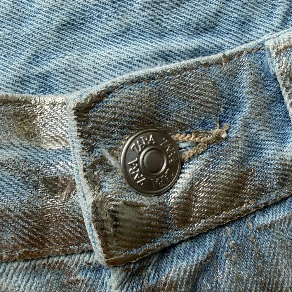 ZARA Gold Metallic Foil High Rise Straight Leg Jeans US 4 EU 36 Ref 6045/217 - Picture 5 of 11